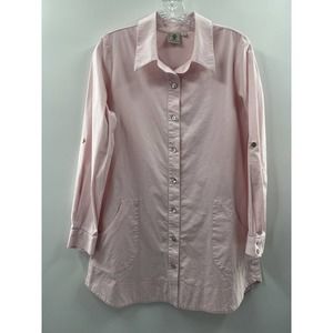 Virginia Taylor Women’s Long Roll Tab Sleeve Cotton Button Up Shirt Dress Pink M
